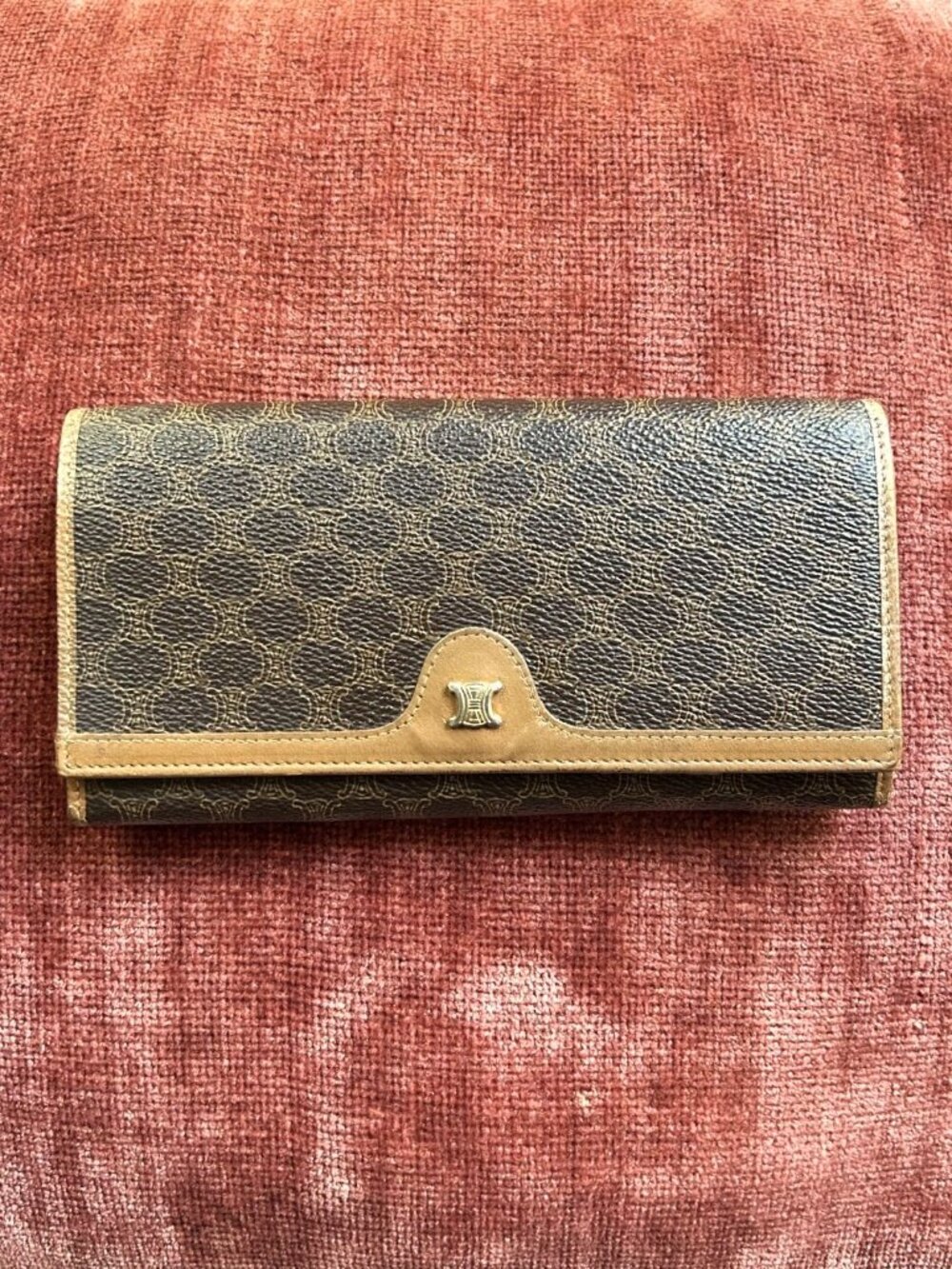 CELINE Macadam Canvas Kiss Lock Wallet Brown Tan